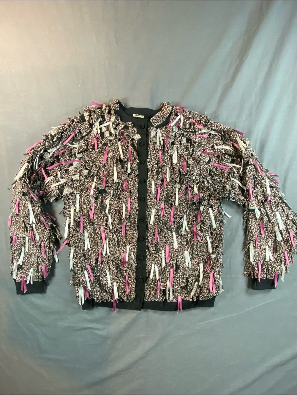 Custom ribbon-Fringe-Embellished Bomber Jacket in Pink, Black & White
